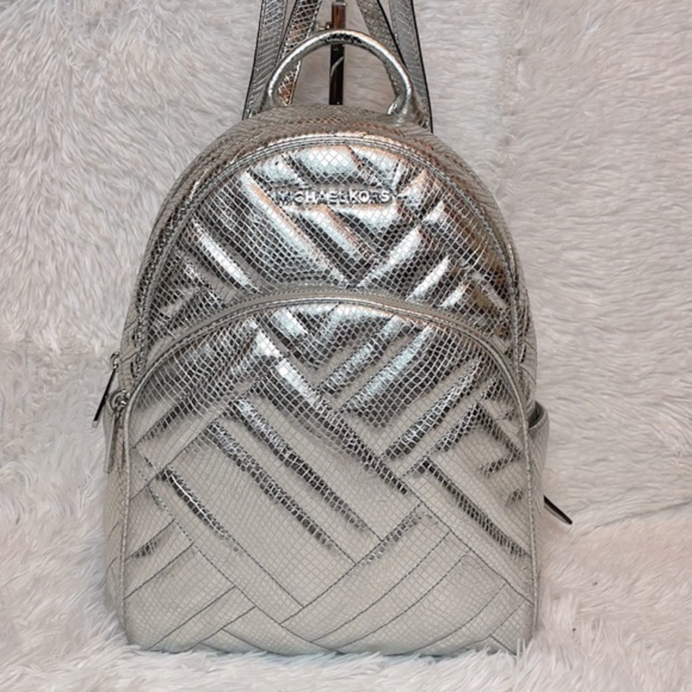 Michael Kors Abbey Metallic Quilted Silver Embossed Leather Medium Backpack